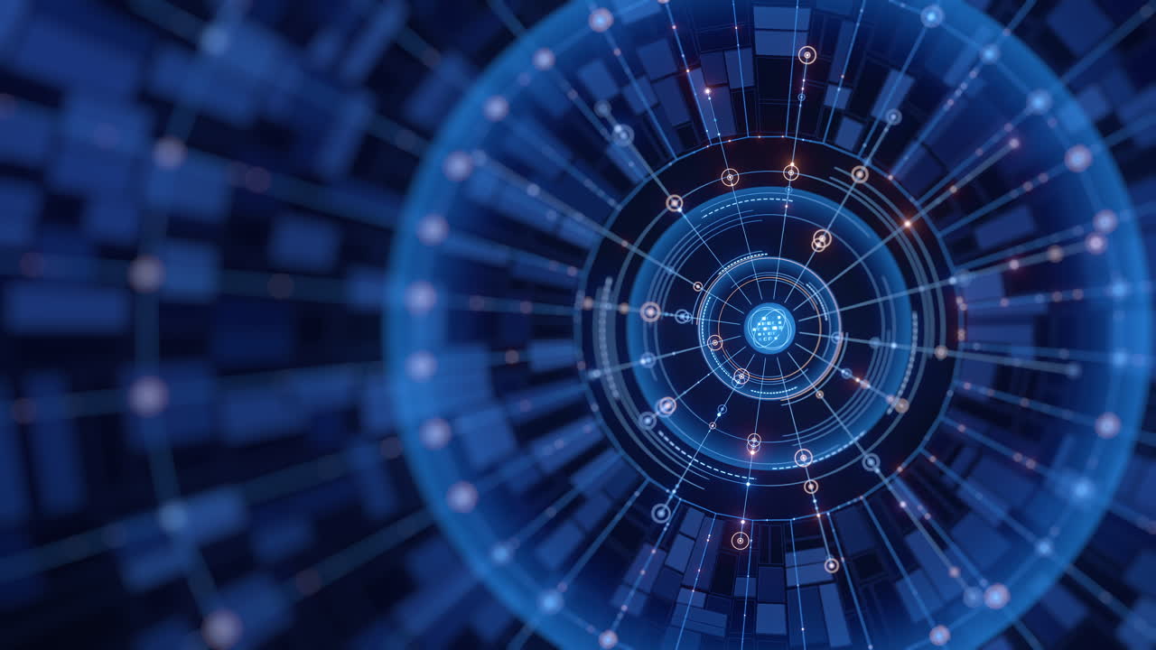 Questo sfondo digitale astratto presenta una visualizzazione dinamica di linee interconnesse, punti dati luminosi e cerchi concentrici, che illustra concetti moderni di reti globali e tecnologia AI.