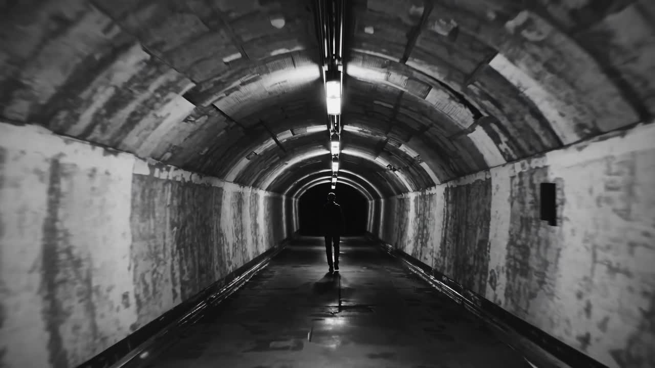Lonely man walking through a dark underground tunnel, artificial lights casting shadows and enhancing the mysterious atmosphere, evoking feelings of solitude and contemplation