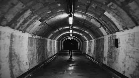 lonely man walking through a dark underground tunnel, artificial lights casting shadows and enhancing the mysterious atmosphere, evoking feelings of solitude and contemplation