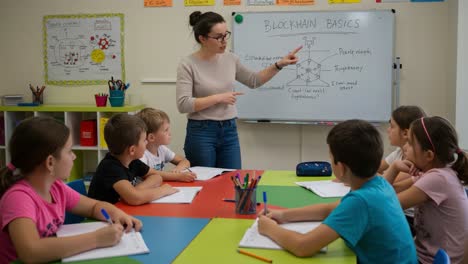 engaging classroom on blockchain basics: a teacher instructs students on key concepts of blockchain technology in an interactive learning environment