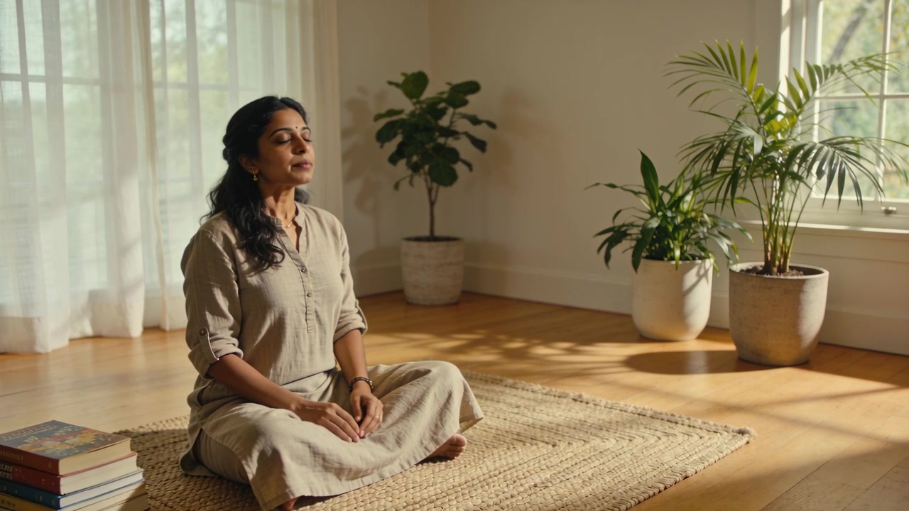 Donna in meditazione che indossa una tunica di lino leggero, seduta su un tappeto intrecciato vicino a una finestra con libri e piante.