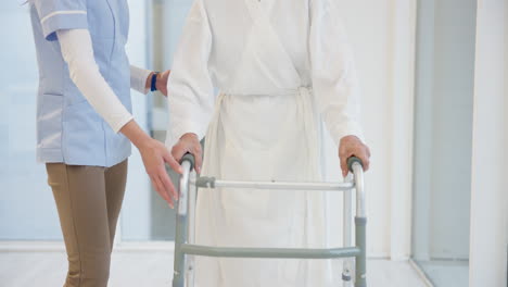 nurse, senior woman and walker for helping hand