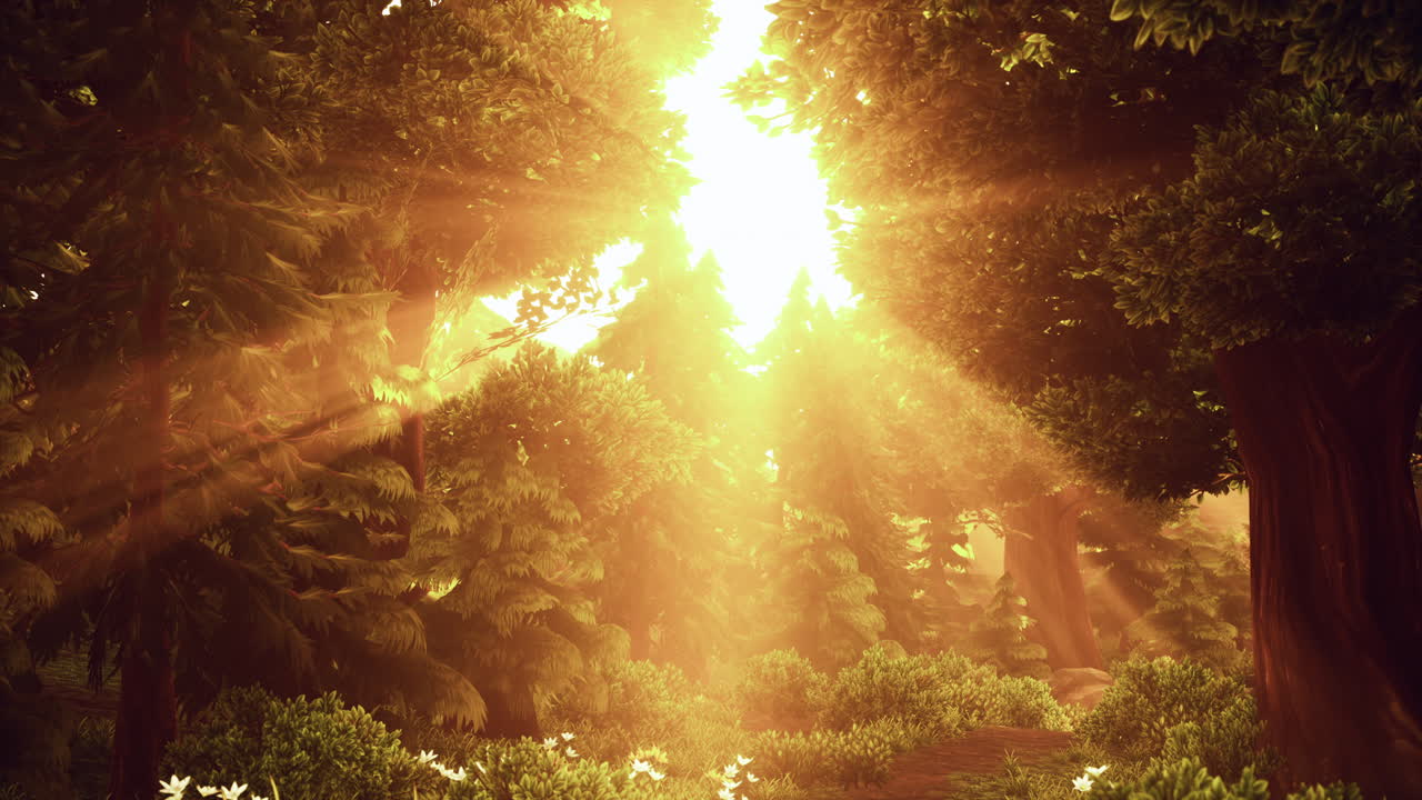 лесные деревья в мультфильме, освещенные золотым солнечным светом