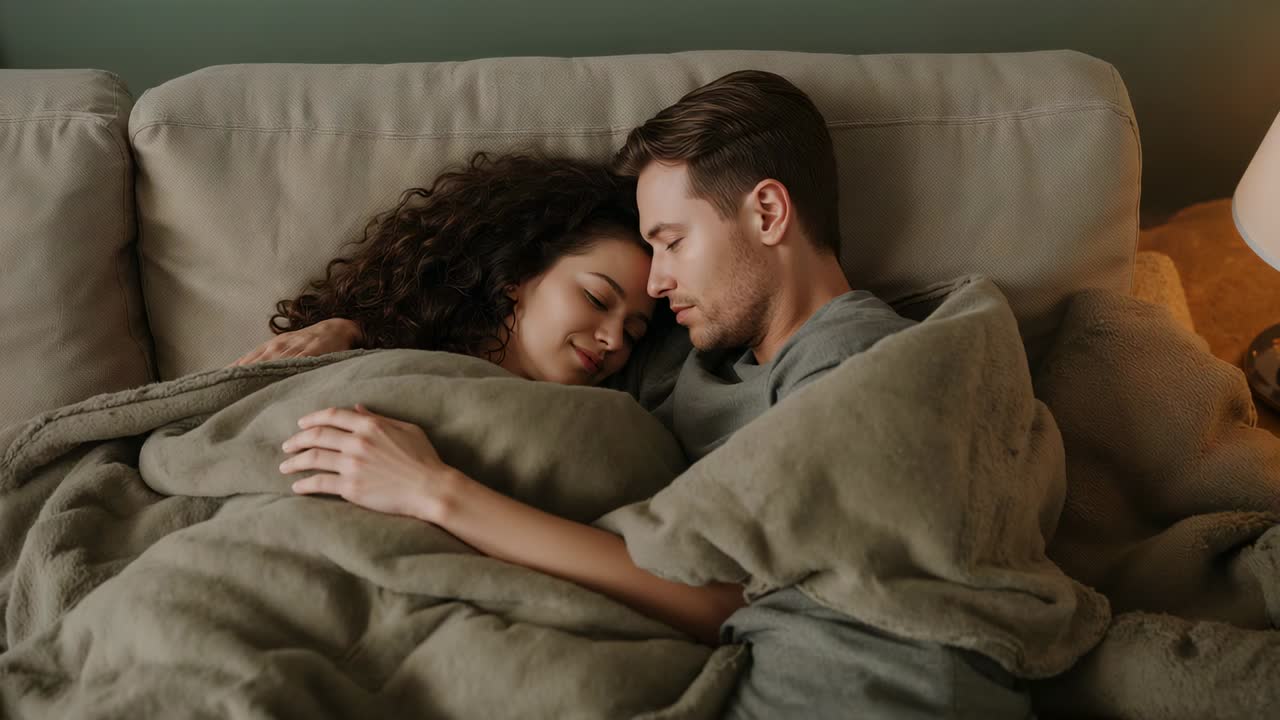 Cuddling romantic couple responding to warm lamp light, settling under olive-green blanket on sofa