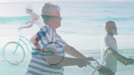 animación de una chica caucásica montando en bicicleta sobre una pareja de ancianos diversos caminando por la playa con bicicleta