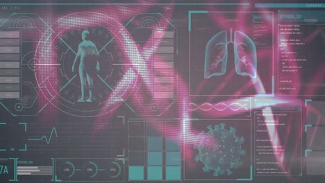 Animation-of-a-computer-displaying-a-macro-coronavirus-covid-19-cell-analyzed-and-information-over-D