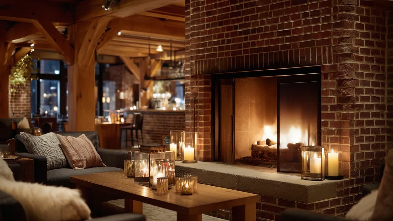 Spazio abitativo accogliente con un bellissimo camino in mattoni illuminato da un tenue lume di candela, perfetto per il relax e gli incontri in un'atmosfera invitante.