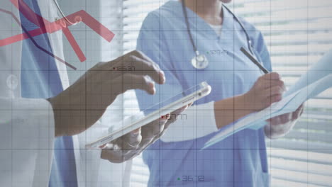doctor using tablet and nurse writing notes in clinic, displaying animated grid chart overlay