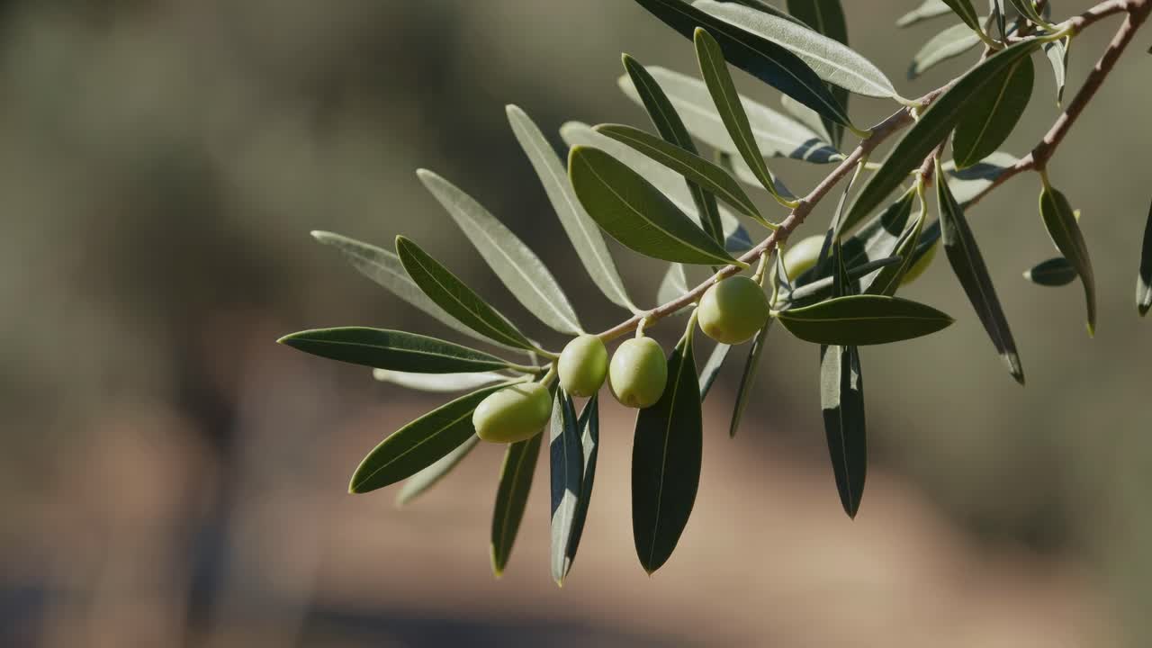 Video ravvicinato di un ramo di ulivo con olive verdi, ripreso con un’angolazione verso l’alto, che cattura la naturalezza