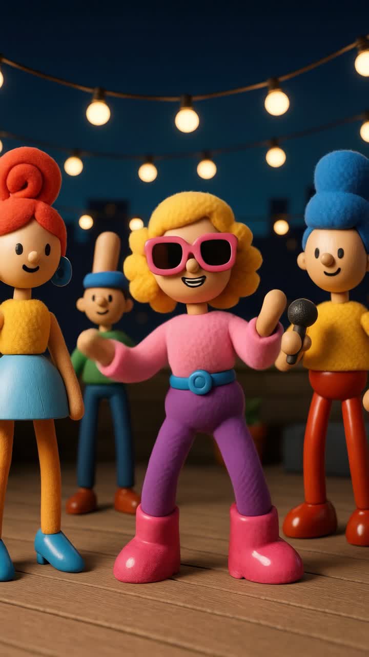 Claymation-style video scene with colorful characters singing on stage