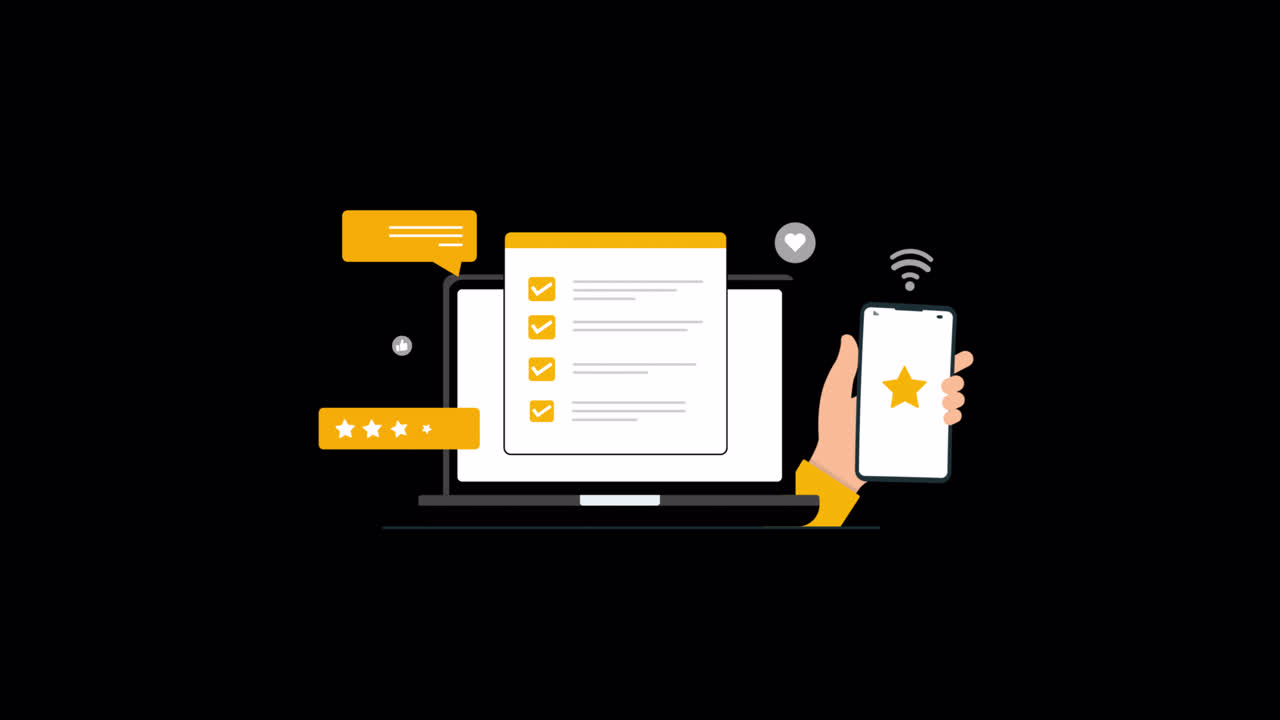 Animated Laptop and Smartphone with Online Feedback and Review Icons