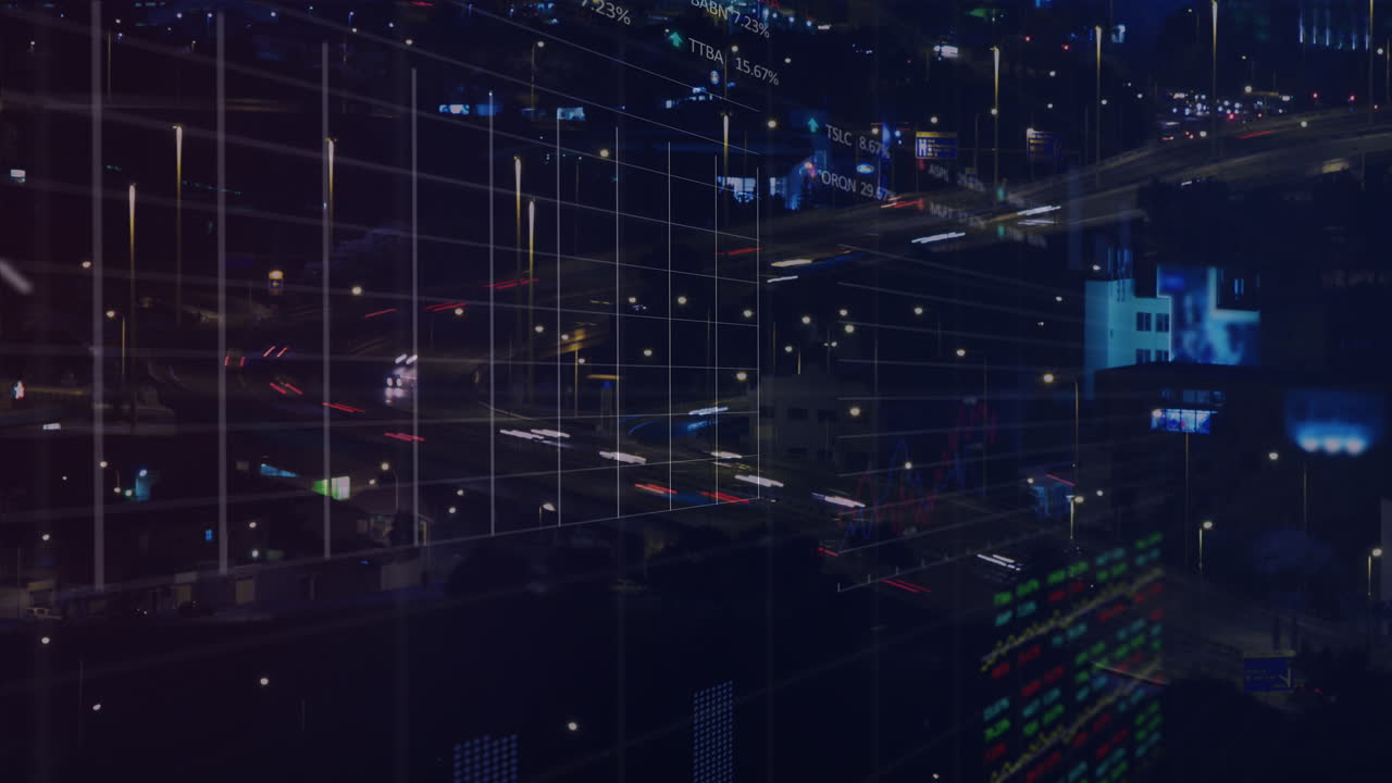 animación del procesamiento de datos financieros sobre el paisaje urbano