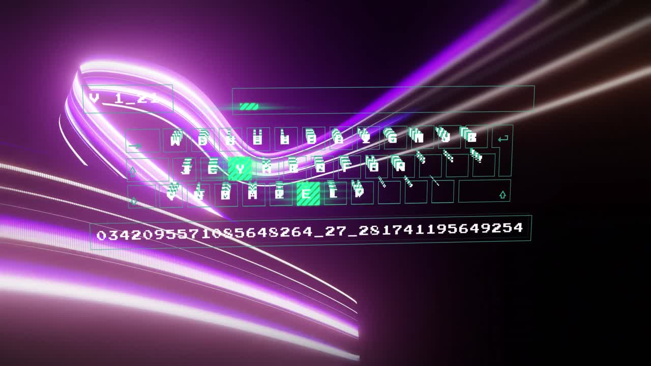 배경의 파동 패턴 위에 글자, 숫자에 움직이는 추상적인 패턴의 애니메이션