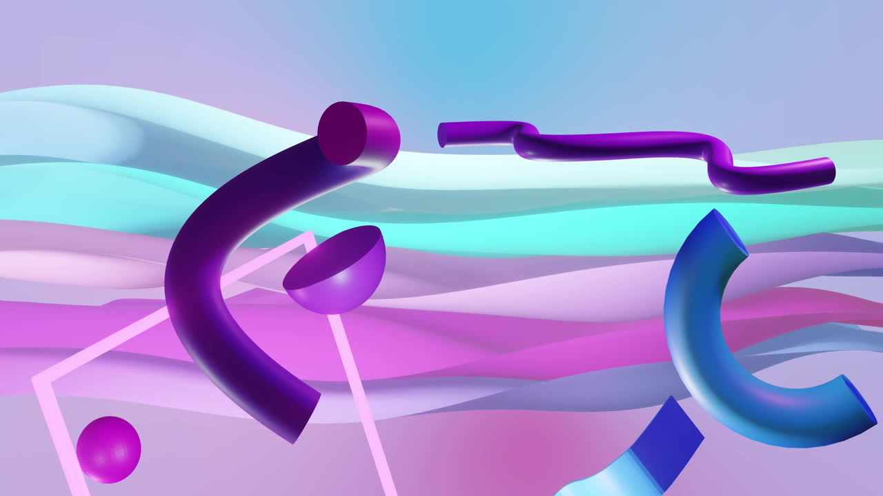Animation of neon frame and abstract shapes moving over waving layers background