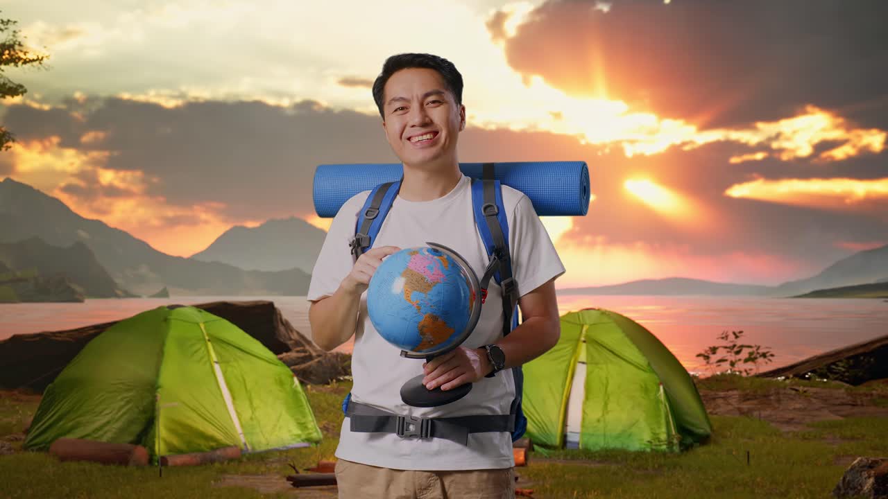 Happy Traveler with Globe in Camping Scene