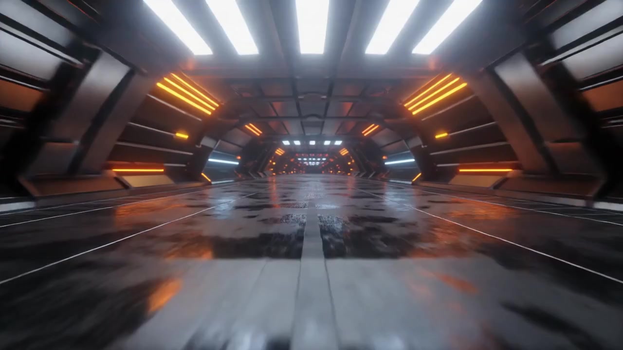 Futuristic Sci-Fi Corridor with Glowing Lights and Reflective Floor