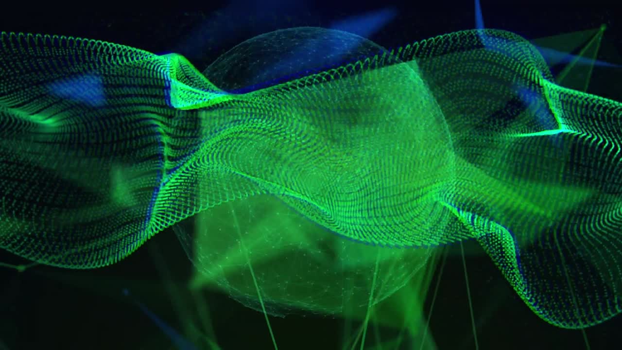 animación de la estructura de malla verde 3d flotando sobre el globo y formas azules sobre fondo negro