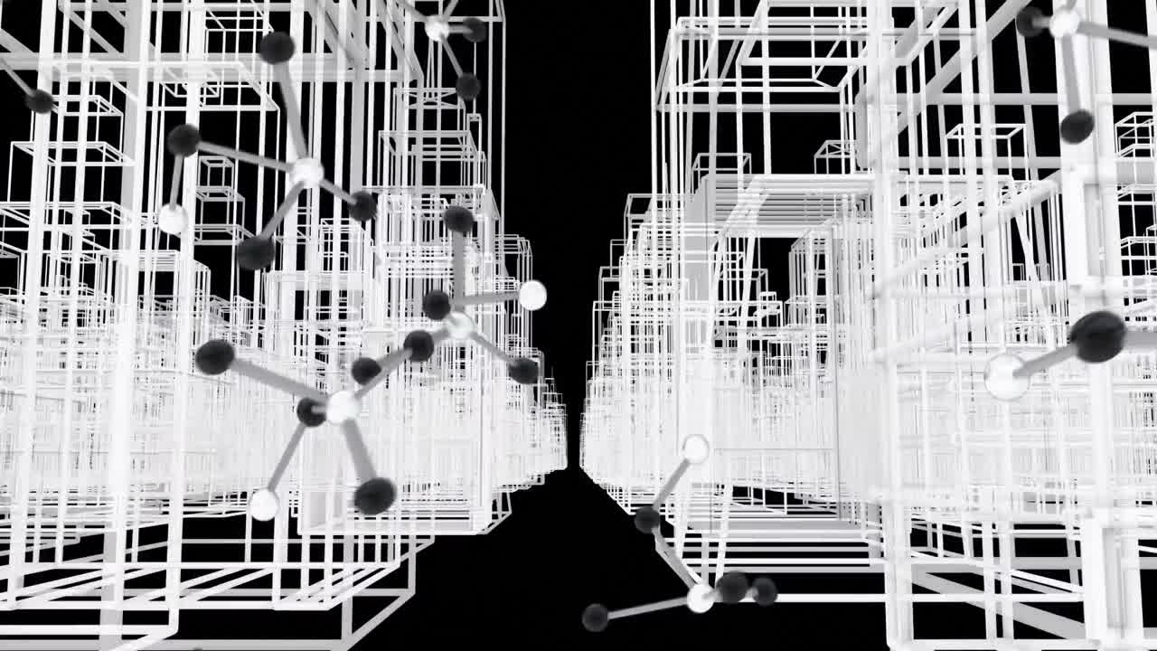 검은색 배경에 디지털 도시 위의 분자의 애니메이션