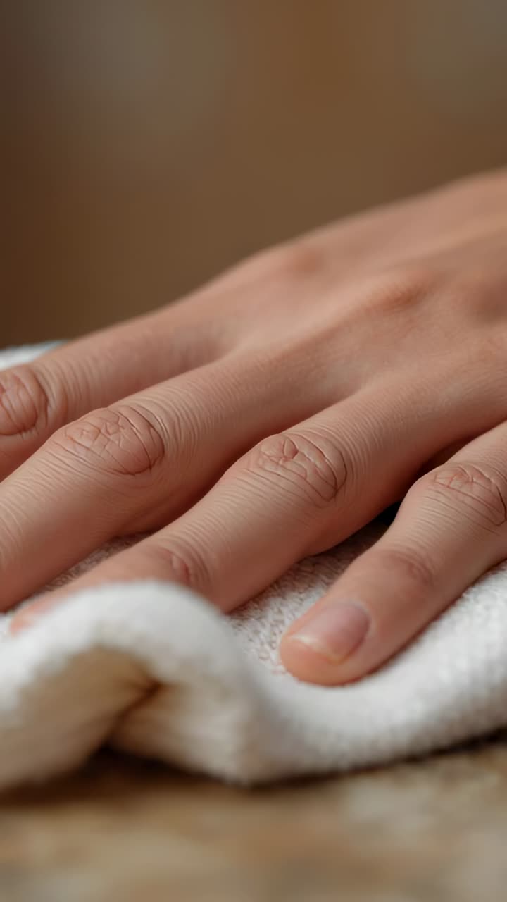 Vertikales Video: Eine Hand eines Erwachsenen drückt ein weißes Tuch auf einen Holztisch und glättet eine Falte
