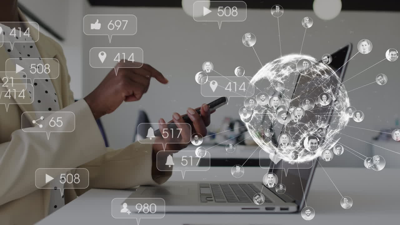 animación de la red global de personas sobre mujer afroamericana que utiliza teléfono inteligente
