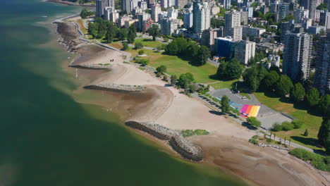 Bird's-Eye-View-Of-Sunset-Beach-Park-Along-False-Creek-Near-Burrard-Street-Bridge-In-Downtown-Vancouver,-British-Columbia,-Canada