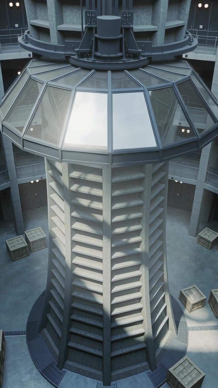 Video vertical: Cámara inclinada que revela una torre central en el atrio, mostrando un dosel de cristal y cajas