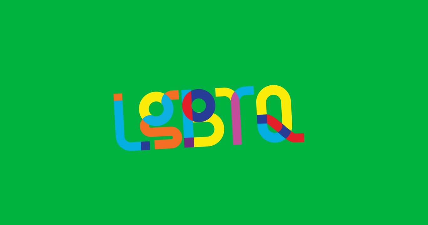 Digital animation of rainbow lgbtq text banner floating against black background