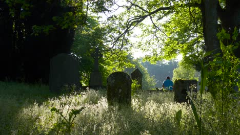 rückseite eines mannes, der auf dem verlassenen keltischen friedhof in county wexford, irland, sitzt