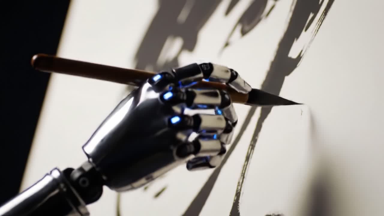 A Sophisticated Robotic Hand Skillfully Drawing Intricate Artwork on Canvas, Showcasing the Intersection of Technology and Creativity in Modern Art