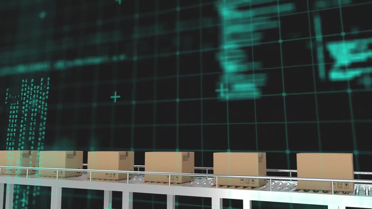 컨베이어 벨트에 있는 여러 배달 상자에 대한 그리드 네트워크를 통한 데이터 처리