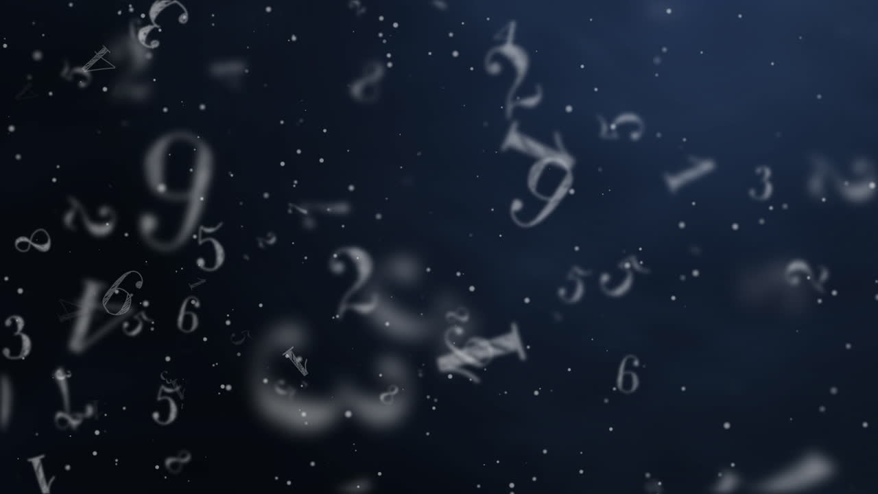 Abstract mathematical blue background with flying white numbers. Looped school animation.