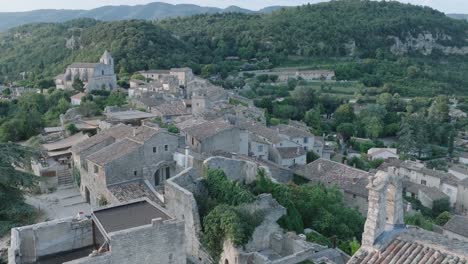 aerial drone luberon provence saignon france medieval town at sunrise