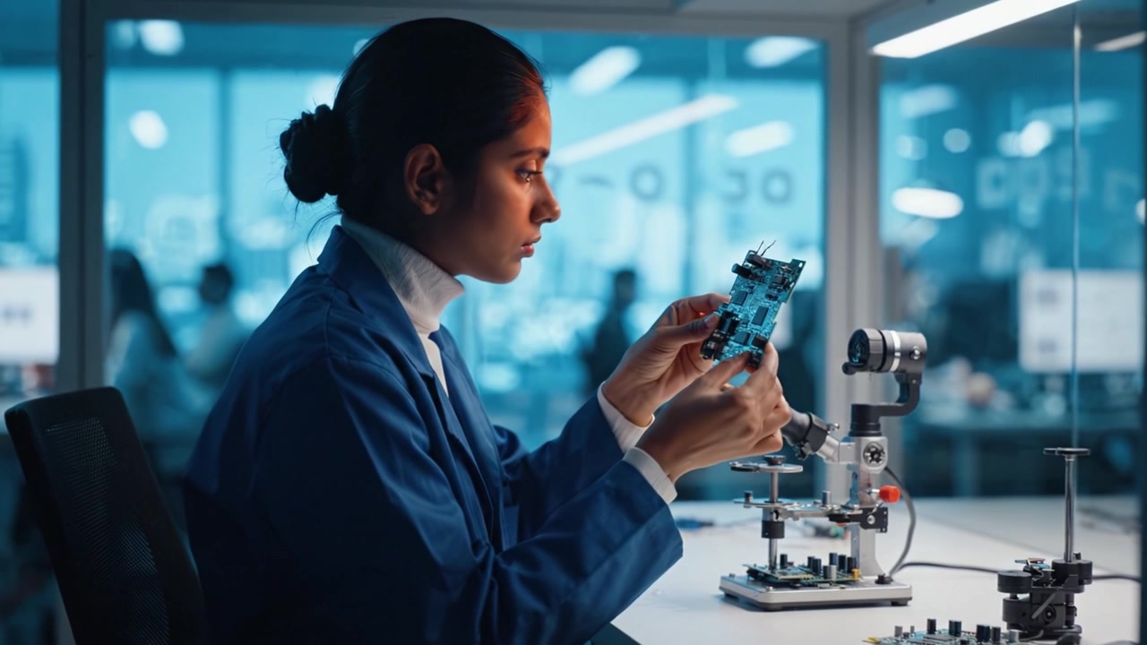 Focused on Precision: An Engineer Assembles Electronic Components with Skill and Care in a Modern Workspace, Ensuring Quality and Innovation in Technology Development