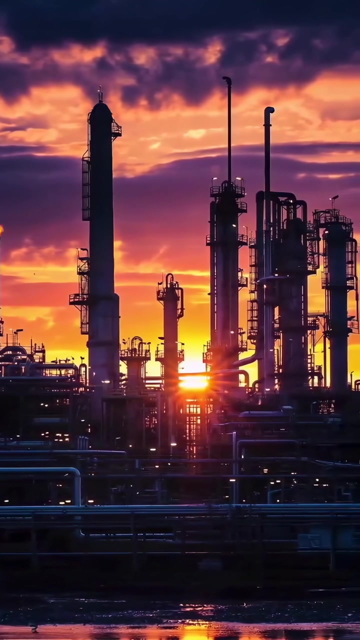 Siluetas de refinería de petróleo contra un cielo vibrante al atardecer