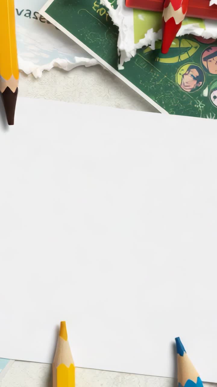 Vertical video: Sliding white card to center on craft table, colored pencils arranging around frame