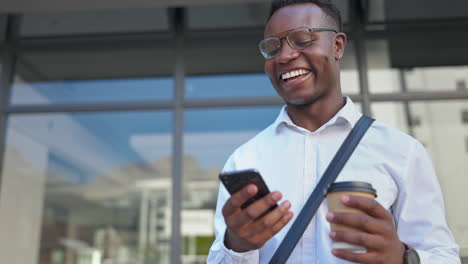 Phone,-coffee-and-black-man-laughing-in-city