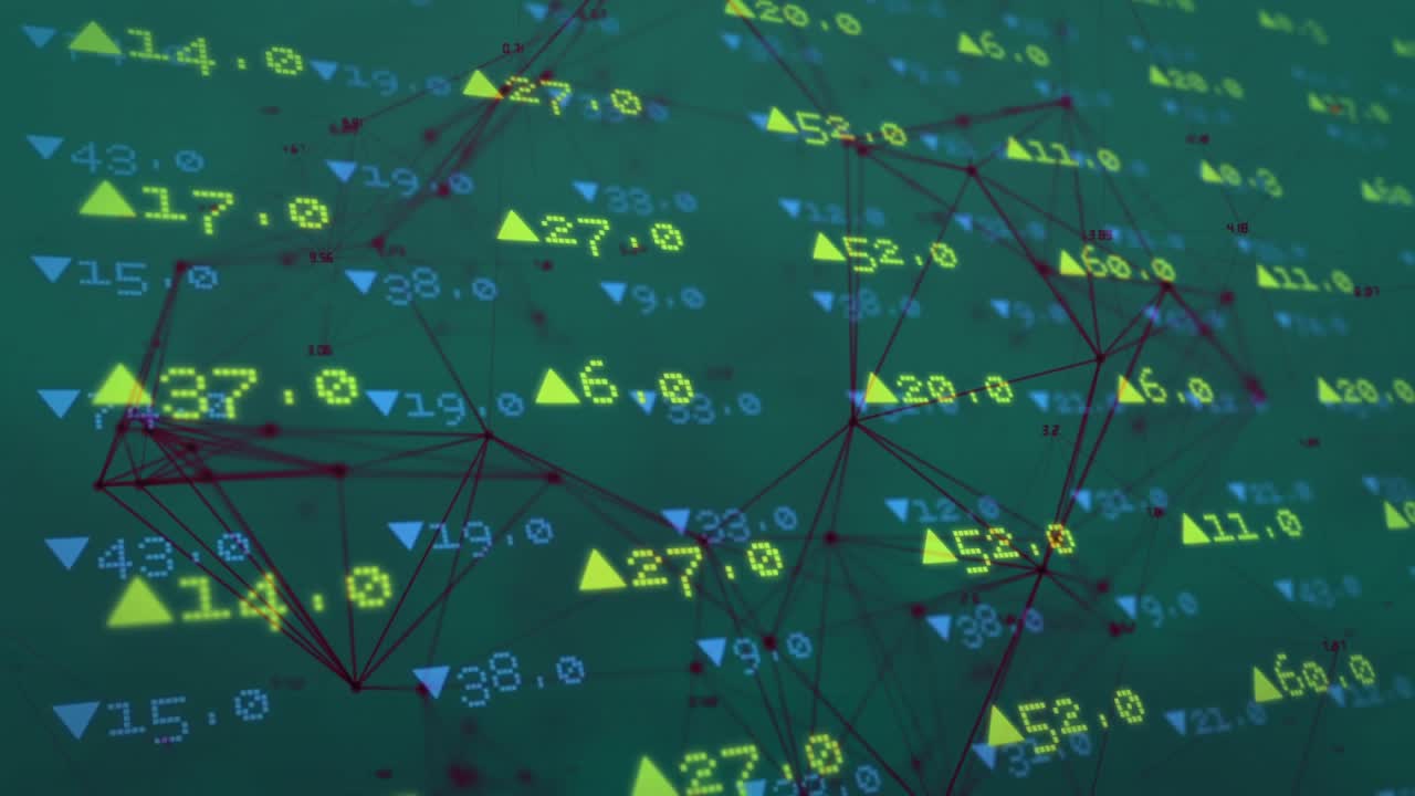 Teal grid opening with values red lines connecting nodes, bars rising pulsing to show data trends