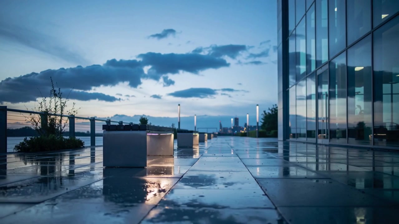 Cámara avanzando por un paseo de baldosas mojadas después de la lluvia en una terraza junto al agua, mostrando bancos iluminados