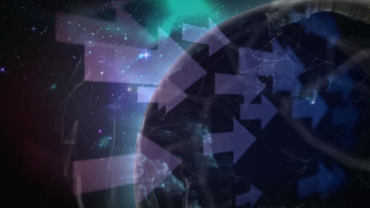 검은 공간에서 회전하는 화살표, 불빛 및 지구의 애니메이션