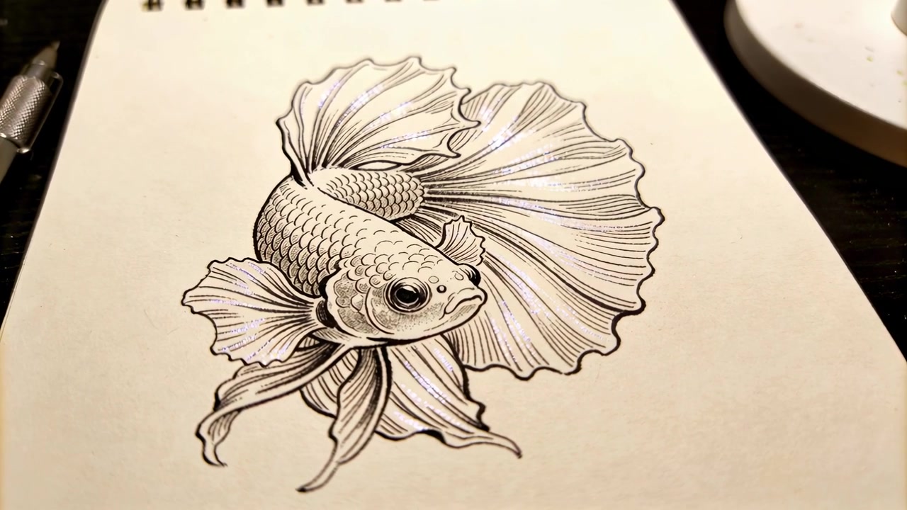 Telecamera che zooma e si muove sopra un quaderno a spirale su una scrivania scura, mostrando un disegno a inchiostro di un pesce Betta, una matita e una lampada.
