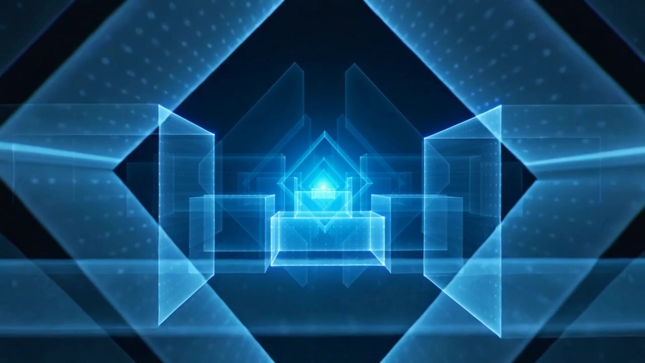 Intensifying glow driving centered luminous blue diamond core through corridor with nested panels