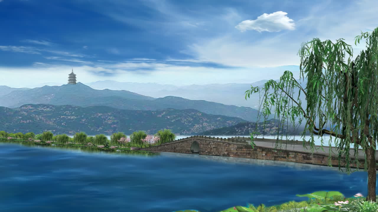 디지털 아트: 고대 풍경 그림 전통적인 잉크 스타일 국가 슈퍼 아름다운 파란 호수 물, 파란 하늘과  구름, 산 역사 고대 사원