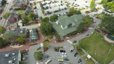 aerial rotational hover flyover drone footage over ll bean, freeport downtown, maine downtown, usa