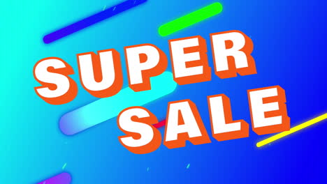 animación del banner de texto de super venta sobre formas abstractas contra un fondo de degradado azul