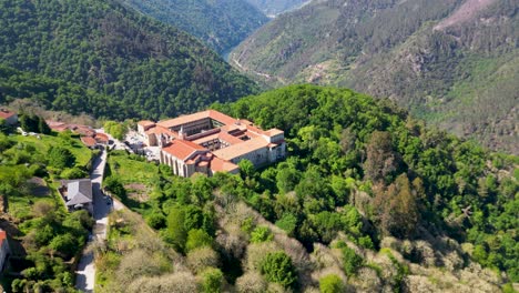 Monastery-santo-estevo-of-ribas-of-sil,-ourense,-galicia,-spain,-aerial-orbit