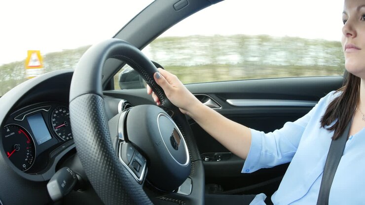 Giovane donna alla guida di un'auto, primo piano del volante.