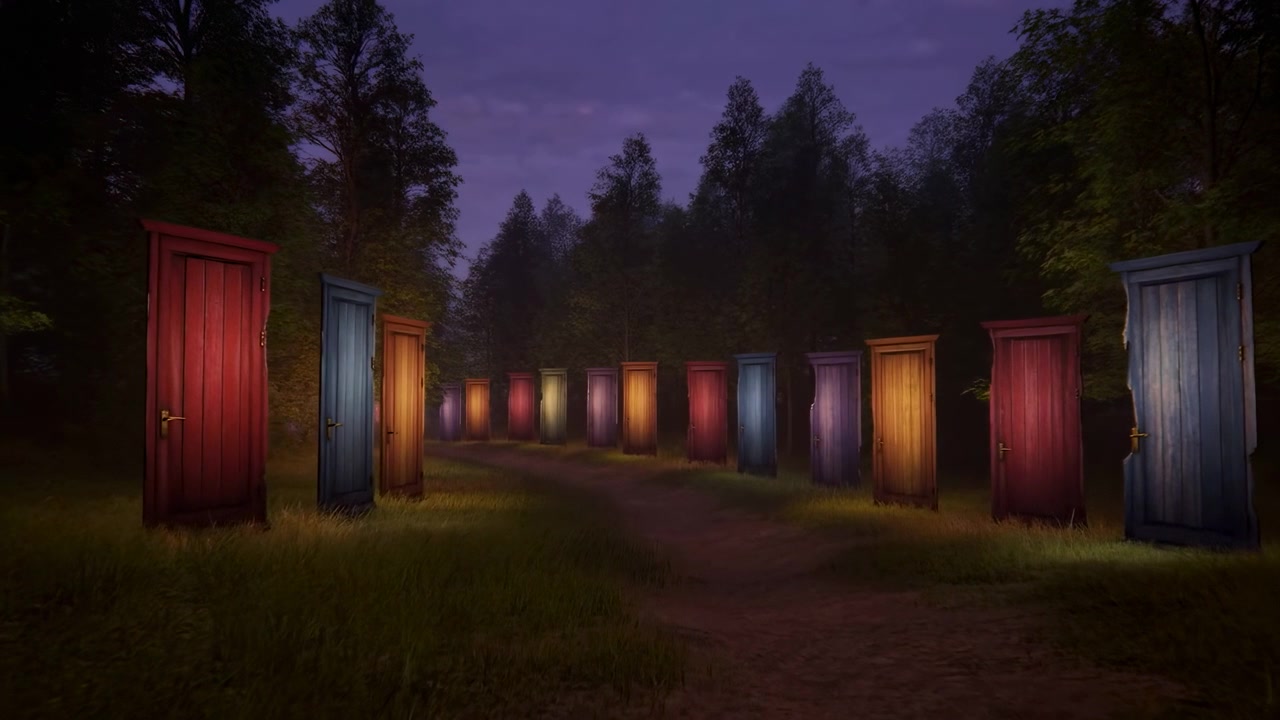 Dusk Forest Lined With Colorful Doors, Glowing From Within, Dirt Path Leading Through Illuminated Entrances,