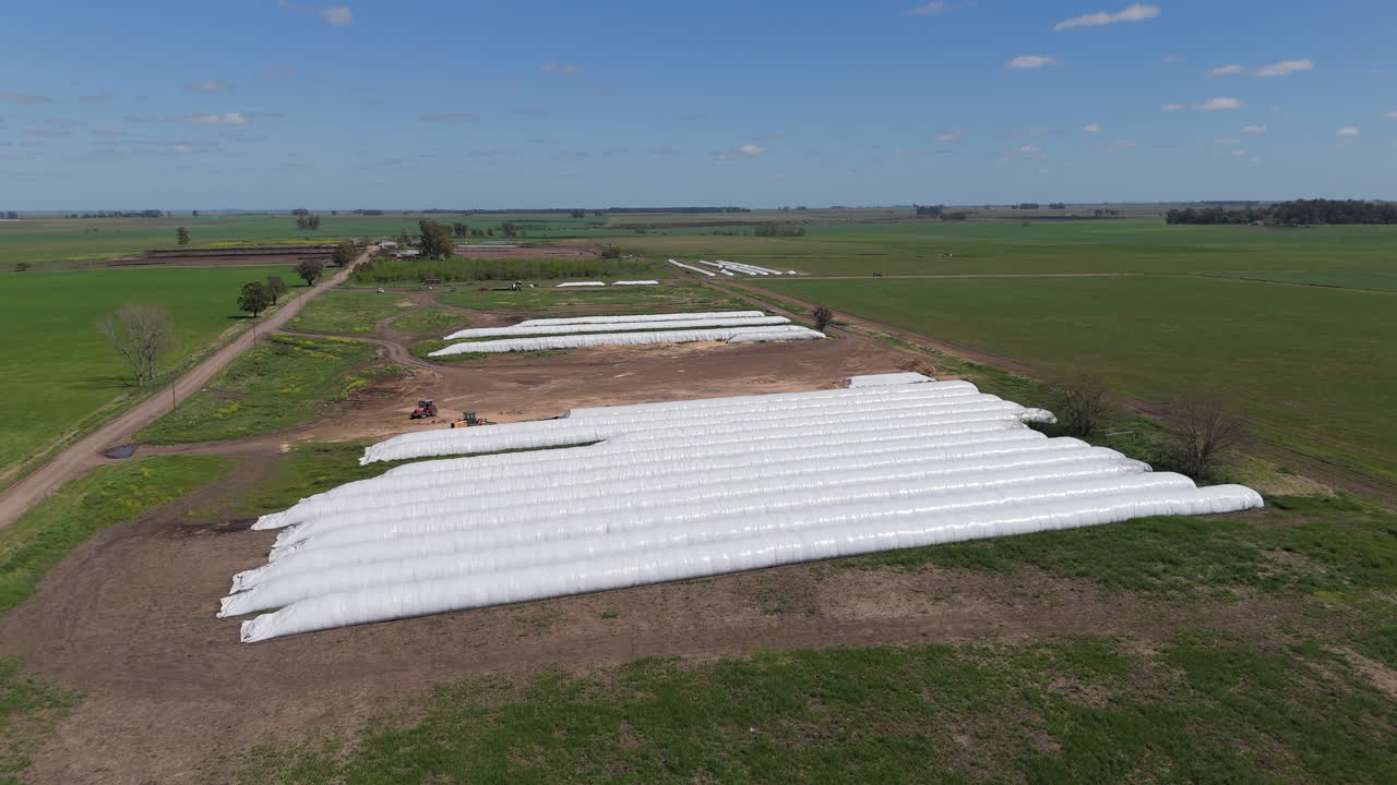 Aerial pan right drone flying over a light green field with white grain bags, blue sky with some clouds.