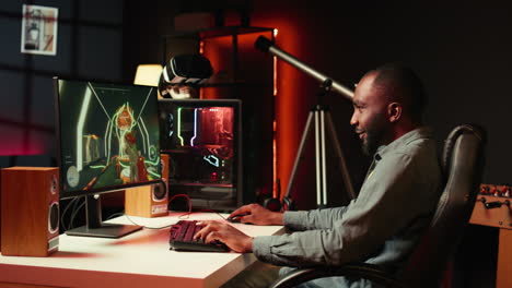 man using pc, having immersive experience while gaming