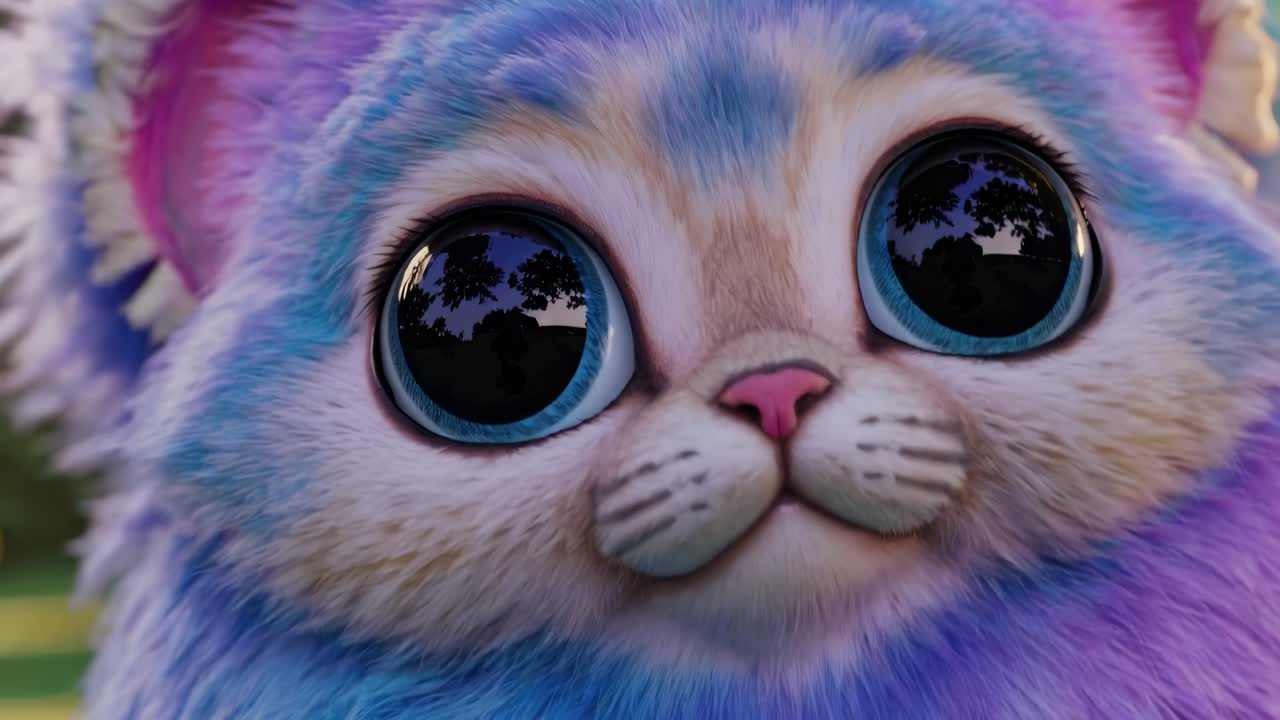 gatito arco iris esponjoso caminando y mirando a su alrededor en un jardín mágico, con flores de colores y luces brillantes, creando una atmósfera caprichosa y encantadora